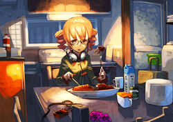  12_(xaenedju) bespectacled casual commentary_request drill_hair eating female food fork glasses kasane_teto knife looking_at_viewer red_eyes red_hair solo twin_drills twintails utau 