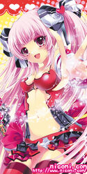  :d bare_shoulders blush breasts copyright_name cowboy_shot detached_sleeves female long_hair medium_breasts midriff navel nicomi.com open_mouth original outstretched_arm panties pink_eyes pink_hair red_thighhighs skirt smile solo thighhighs twintails underwear very_long_hair watermark web_address white_panties yu_(bkks) 