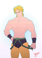  1boy abs adobe_illustrator_(medium) artist_name bara blonde_hair dio_brando highres jojo_no_kimyou_na_bouken male_focus muscular muscular_male no_scar photoshop_(medium) reiner55 self-upload smile solo stardust_crusaders topless_male yellow_eyes 