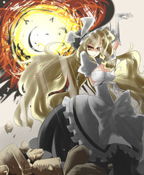  bad_id bad_pixiv_id blonde_hair bonnet braid breasts cleavage explosion female gloves invincible_marisa kirisame_marisa long_hair medium_breasts new_super_marisa_land solo touhou urimono yellow_eyes 