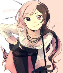  assf_krsya bad_id bad_pixiv_id belt black_gloves breasts brown_eyes brown_hair character_name cleavage collarbone emphasis_lines english_text female gloves hand_on_own_hip heterochromia jacket jewelry leaning_forward long_hair looking_at_viewer medium_breasts multicolored_hair necklace neo_politan outstretched_hand pants pink_background pink_eyes pink_hair pink_theme raised_eyebrow reaching reaching_towards_viewer rwby simple_background smirk solo split-color_hair tight_clothes tight_pants tsurime two-tone_hair very_long_hair waist_cape white_background 