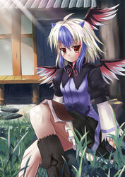  book commentary_request female head_wings horns multicolored_hair photoshop_(medium) rayhwang red_eyes short_hair single_head_wing solo tokiko_(touhou) touhou wings 