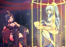  2girls 5-ish_(crevettavt) arm_support black_hair black_legwear blue_eyes blue_hair blush breasts cage cleavage commentary english_commentary instrument large_breasts league_of_legends leblanc_(league_of_legends) leotard long_hair multiple_girls short_hair sitting smirk sona_(league_of_legends) thighhighs twintails yellow_eyes 