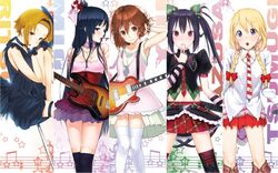  5girls akiyama_mio alternate_hairstyle arm_up armpits bad_link bare_shoulders bass_guitar belt black_dress black_hair black_thighhighs blue_eyes blush boots bracelet braid breasts brown_eyes brown_hair casual column_lineup cowboy_boots dress drumsticks duplicate earrings frills gloves guitar hair_ornament hair_ribbon hairband hairclip hat hime_cut hirasawa_yui instrument jewelry k-on! ken-1 kneehighs kotobuki_tsumugi leg_up long_hair medium_breasts midriff mouth_hold multiple_girls nakano_azusa neck_ribbon necktie open_mouth plaid ribbon short_hair sitting skirt smile socks striped tainaka_ritsu thick_eyebrows thighhighs twin_braids twintails white_thighhighs zettai_ryouiki 