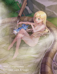  :d ahoge animal bad_id bad_pixiv_id bath blonde_hair breasts commentary_request convenient_arm convenient_leg copyright_name female green_eyes hair_down hina_logi_-_from_luck_&amp;_logic liones_yelistratova long_hair luck_&amp;_logic medium_breasts ne-on official_art onsen open_mouth outdoors partially_submerged smile solo steam water 