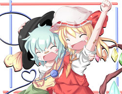  2girls :d ^_^ aqua_hair arm_up ascot bandages bandaid bandaid_on_arm bandaid_on_face bandaid_on_nose blonde_hair blush blush_stickers border bow cheering closed_eyes commentary_request flandre_scarlet hand_on_headwear hat hat_ribbon heart hug kikurage_(sugi222) komeiji_koishi long_hair multiple_girls oerba_yun_fang one-armed_hug open_mouth puffy_short_sleeves puffy_sleeves red_skirt ribbon short_hair short_sleeves skirt smile string third_eye touhou vampire vest white_background wings 