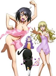  3girls anna_clement arm_up armpits artist_request black_hair blonde_hair blue_eyes bow bow_panties breasts brown_eyes cleavage clothes_theft code_geass code_geass:_boukoku_no_akito collarbone convenient_leg feline groin highres kousaka_ayano leila_malcal long_hair medium_breasts mouth_hold multiple_girls naked_towel navel open_mouth panties panties_in_mouth print_panties purple_hair purple_panties short_hair simple_background theft towel towel_slip underwear underwear_theft unworn_panties white_background 