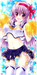  bandaid bandaid_on_leg blue_sky blush breasts cheerleader copyright_name crop_top female hair_ribbon jumping large_breasts long_hair looking_at_viewer midriff navel nicomi.com ooji_cha open_mouth original pink_hair pom_pom_(cheerleading) purple_eyes ribbon shiny_skin shirt skirt sky smile solo thighhighs watermark web_address white_thighhighs zettai_ryouiki 