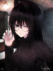  ;) aeus artist_name black_hair blue_eyes blush chromatic_aberration claw_pose commentary_request female glasses highres long_hair long_sleeves looking_at_viewer nail_polish one_eye_closed original pink_nails real_life red_lips ribbed_sweater round_eyewear signature sii_ya_(mangaka) smile solo sun sweater turtleneck upper_body 