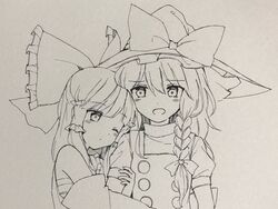  2girls ;/ arm_hug blush bow braid commentary d: detached_sleeves embarrassed hair_tubes hairbow hakurei_reimu hat hug kirisame_marisa long_hair looking_at_viewer monochrome multiple_girls one-hour_drawing_challenge one_eye_closed open_mouth sarashi shared_hat single_braid touhou traditional_media vest witch_hat yuri yururi_nano 