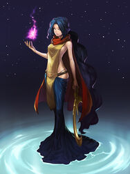  alternate_costume alternate_hair_color belt blue_hair blue_skirt breasts cape commentary divine_soraka dixneuf english_commentary female full_body league_of_legends long_hair medium_breasts no_bra no_pupils photoshop_(medium) sideboob skirt solo soraka_(league_of_legends) staff standing very_long_hair white_eyes 