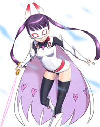  bad_id bad_pixiv_id belt black_thighhighs cape female full_body futaba_yodoyume komadori_renge long_hair long_sleeves mask open_mouth photoshop_(medium) purple_eyes purple_hair sekai_seifuku:_bouryaku_no_zvezda simple_background smile solo thighhighs twintails white_background white_robin 