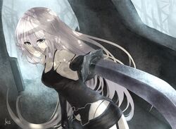  a2_(nier:automata) aeus blue_eyes commentary_request female forest highres long_hair looking_at_viewer nature nier:automata nier_(series) shadow signature sword weapon white_hair 