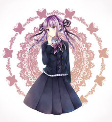  aged_down alternate_hairstyle bow braid bug butterfly commentary_request danganronpa:_trigger_happy_havoc danganronpa_(series) danganronpa_kirigiri female gloves hair_ribbon hand_to_own_mouth hime_cut jacket kirigiri_kyoko koyoka long_hair long_sleeves looking_away pleated_skirt purple_bow purple_eyes purple_hair ribbon simple_background skirt solo twin_braids 