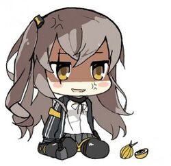  anger_vein angry armband bad_id bad_pixiv_id blush_stickers brown_hair chibi female full_body girls&#039;_frontline jacket knee_pads lowres onion pelican_(s030) scar scar_across_eye scar_on_face shaded_face shirt simple_background sitting skirt solo ump45_(girls&#039;_frontline) wariza white_background white_shirt yellow_armband yellow_eyes 