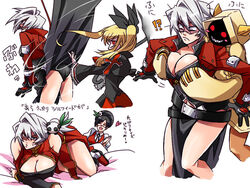  4girls belt blazblue blush_stickers breasts bullying cleavage commentary_request cosplay genderswap_(mtf) grabbing grabbing_another&#039;s_breast grin jacket kaneaki_mukku lao_jiu large_breasts litchi_faye_ling litchi_faye_ling_(cosplay) lying multiple_girls navel panda panties pantyshot rachel_alucard ragna_the_bloodedge rule_63 smile standing taokaka translated underwear white_hair wind wind_lift 