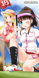  2girls aqua_eyes ball black_hair blonde_hair blush copyright_name flag gloves golf_ball golf_club hat hat_ribbon holding long_hair multiple_girls nicomi.com noto_(soranoto) one_eye_closed original panties ribbon side_ponytail single_glove skirt sweatdrop twintails underwear visor_cap watermark web_address yellow_panties zipper 