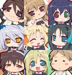  2boys 6+girls ^_^ aoi_kimi aoi_toori artist_request asama_tomo black_hair blonde_hair blue_eyes blush brown_hair chibi closed_eyes heidi_ogezevara heterochromia kyoukaisenjou_no_horizon lowres malga_naruze margot_knight multiple_boys multiple_girls naomasa_(horizon) nate_mitotsudaira ohiroshiki_ginji ribbon source_request yellow_eyes 