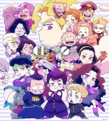  achtung_baby arnold_(jojo) atom_heart_father_(stand) baby bandaid bandaid_on_face bandaid_on_nose black_hair blonde_hair blood blue_eyes blush_stickers book canine carrying chef chef_hat chibi choker cleft_chin clenched_teeth closed_eyes cloud commentary_request crossed_arms diamond_wa_kudakenai dollar_sign drooling earrings everyone facial_hair facial_mark frown gakuran glasses grey_hair hairband hand_on_own_face hands_on_own_cheeks hands_on_own_face hat hazamada_toshikazu hazekura_mikitaka headband higashikata_josuke higashikata_ryohei higashikata_tomoko highres hirose_koichi invisible jewelry jojo_no_kimyou_na_bouken joseph_joestar joseph_joestar_(old) katagiri_anjuro kira_yoshihiro kira_yoshikage kishibe_rohan knife kujo_jotaro lipstick long_coat long_hair makeup mouse_(animal) moustache multicolored_hair nijimura&#039;s_father nijimura_keicho nijimura_okuyasu one_eye_closed open_mouth otoishi_akira oyanagi_ken pink_hair pink_lips police_hat pompadour purple_eyes purple_hair raised_eyebrow raised_eyebrows red_lips scar school_uniform serafuku shizuka_joestar slit_throat smile snot stand_(jojo) starfish stud_earrings sugimoto_reimi sumiko_(skbsu) sunglasses sweatdrop teeth tonio_trussardi tsuji_aya two-tone_hair v yamagishi_yukako yangu_shigekiyo 