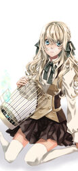  birdcage blonde_hair blue_eyes cage commentary_request female highres kmikan long_hair original ribbon school_uniform skirt solo thighhighs 