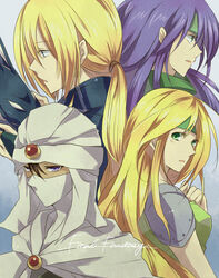  2boys 2girls androgynous blonde_hair celes_chere commentary_request copyright_name crossover faris_scherwiz final_fantasy final_fantasy_5 final_fantasy_ii final_fantasy_iv final_fantasy_vi from_behind headband kain_highwind katou_(pixiv) minwu multiple_boys multiple_girls ponytail profile purple_hair reverse_trap turban 