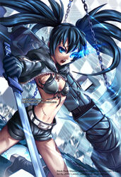  :o artist_name belt bikini bikini_top_only black_footwear black_hair black_rock_shooter black_rock_shooter_(character) black_shorts blue_eyes boots cape chains commentary_request female flaming_eye front-tie_top glowing glowing_eye holding holding_sword holding_weapon knee_boots long_hair midriff navel nayuki no_shirt scar shorts signature solo swimsuit sword twintails unzipped v-shaped_eyebrows watermark weapon web_address zipper 