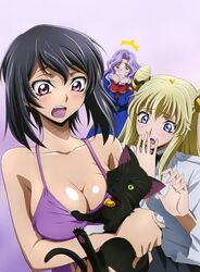  3girls anna_clement bare_shoulders black_hair blonde_hair breasts cleavage clenched_hands code_geass code_geass:_boukoku_no_akito collarbone covering_own_mouth feline green_eyes hair_ornament hand_over_own_mouth highres kousaka_ayano leila_malcal long_hair medium_breasts multiple_girls one_eye_closed open_mouth pink_eyes purple_background purple_eyes purple_hair purple_shirt shiny_skin shirt short_hair sideboob simple_background uniform white_shirt 