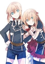  1boy blonde_hair blue_eyes commentary cowboy_shot dual_persona female genderswap_(mtf) hands_on_own_hips locked_arms long_hair looking_at_viewer midare_toushirou midare_toushirou_(kiwame) military military_uniform necktie otoko_no_ko reverse_trap rule_63 shorts simple_background smile touken_ranbu ui_(majiwi) uniform white_background 