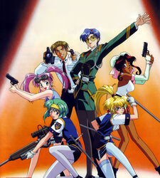  1990s_(style) 1boy 5girls artist_request baton_(weapon) belt blonde_hair blue_eyes blue_hair breasts brown_hair bun_cover burn-up burn-up_excess camera dark_skin double_bun earrings elbow_gloves glasses gloves goggles goggles_on_head green_hair gun hair_bun hairband handgun headband highres jewelry jinguu_maya kawazaki_maki kinezono_rio lilica_evett long_hair medium_breasts multiple_girls nanvel_candlestick naruo_yuji necktie night_vision_device official_art open_mouth pantyhose pencil_skirt photoshop_(medium) pink_hair police police_uniform policewoman purple_eyes retro_artstyle ribbon rifle shirt short_hair skirt small_breasts smile sniper_rifle spotlight thighhighs tonfa twintails uniform weapon white_legwear 