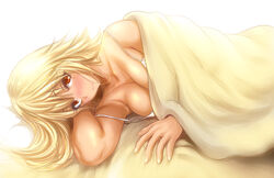  blonde_hair blush breasts cleavage collarbone commentary_request dark-skinned_female dark_skin female large_breasts long_hair looking_at_viewer lying mole mole_under_eye okumori_boy on_side original photoshop_(medium) red_eyes solo 