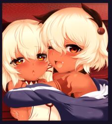  2girls ;d absurdres animal_ears arm_tattoo armpits artist_name bare_shoulders bikini bikini_under_clothes black_bikini black_choker black_rock_shooter blue_jacket blush border breasts choker commentary_request crossover dark-skinned_female dark_skin demon_girl dress embarrassed hair_between_eyes hair_ribbon halterneck happy highres hood hood_down hooded_jacket hug jacket kozureokami20 long_sleeves looking_at_viewer looking_back looking_to_the_side m-da_s-tarou multiple_girls oerba_yun_fang off_shoulder one_eye_closed open_mouth orange_eyes parted_lips red_ribbon ribbon rocoroco short_hair single_vertical_stripe sleeveless sleeveless_dress small_breasts smile strength_(black_rock_shooter) swimsuit tanaka_the_wizard tattoo turtleneck upper_body white_dress white_hair 