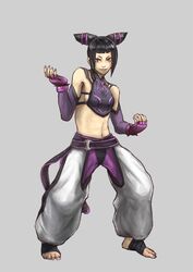  baggy_pants bare_shoulders black_hair chinese_clothes commentary_request crop_top detached_sleeves dudou feet female fingerless_gloves gloves hair_horns halterneck juri_han korosuke1 midriff nail_polish navel pants solo street_fighter street_fighter_iv_(series) toeless_legwear toenail_polish toenails 