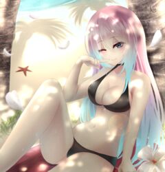  aeus beach bikini breasts cleavage commentary_request day female flower highres looking_at_viewer medium_breasts multicolored_hair navel original outdoors palm_tree signature solo swimsuit tree water 