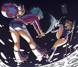  2girls ass baseball_bat battle blonde_hair blue_hair commentary door duel goggles inline_skates katana kinuko_(kinucakes) multiple_girls photoshop_(medium) ramona_flowers roller_skates roxanne_richter scott_pilgrim scott_pilgrim_(series) short_hair shorts skates sword weapon 