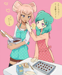  2girls apron aqua_hair baking_sheet barufoa beta_(inazuma_eleven) commentary_request feeding hair_ornament heart heart_print inazuma_eleven_(series) inazuma_eleven_go inazuma_eleven_go_chrono_stone long_hair mixing_bowl multiple_girls no_pupils open_mouth orca_(inazuma_eleven) print_apron purple_eyes shorts spatula thighhighs translation_request tray unmoving_pattern 