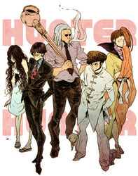  4boys bad_id bad_pixiv_id bandages black_hair blood brown_hair canine dress earrings female formal glasses grey_hair hunter_x_hunter jewelry kiseru knife knov knuckle_bine long_hair micchi morel_mackernasey multiple_boys necktie palm_siberia pompadour shoot_mcmahon short_hair side_ponytail smoke smoking_pipe suit sunglasses 