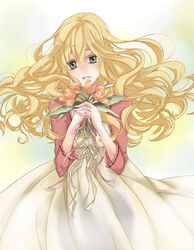  blonde_hair commentary_request dress female flower green_eyes kmikan long_hair original solo 