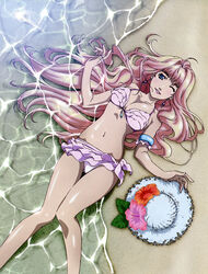  absurdres ahoge armlet bare_shoulders beach bikini blonde_hair blue_eyes breasts cleavage day earrings female flower frilled_bikini frills from_above hat hat_flower hibiscus highres jewelry legs long_hair lying macross macross_frontier medium_breasts navel official_art on_back one_eye_closed ootsuka_yae outdoors parted_lips partially_submerged sand scan sheryl_nome smile solo straw_hat swimsuit thigh_gap unworn_hat unworn_headwear very_long_hair water wet 