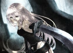  a2_(nier:automata) aeus blue_eyes commentary_request female forest highres long_hair looking_at_viewer nature nier:automata nier_(series) revision shadow signature sword weapon white_hair 