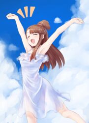  \o/ absurdres armpits arms_up brown_hair commentary day dress female highres kagari_atsuko little_witch_academia long_hair orinpachu outstretched_arms ponytail see-through sky solo sundress white_dress 