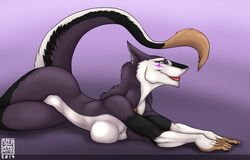  anthro black_body black_fur breasts female fur ja&#039;rah looking_at_viewer mammal nude purple_body purple_eyes purple_fur sergal smile solo tigerxtreme white_body white_fur 