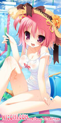  :d blush breasts brush bucket collarbone copyright_name female flower hat hat_flower hat_ribbon holding hose looking_at_viewer name_tag nicomi.com one-piece_swimsuit open_mouth original pink_eyes pink_hair ribbon school_swimsuit short_hair side_ponytail sitting smile solo straw_hat swimsuit water watermark web_address wet white_one-piece_swimsuit youta 