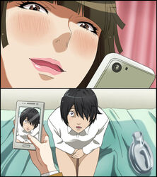  1boy araragi_koyomi bakemonogatari black_hair blunt_bangs brown_eyes brown_hair cellphone commentary_request covering_crotch covering_privates female firo fujino_kiyoshi hair_over_one_eye hanazawa_kana kamiya_hiroshi midorikawa_hana monogatari_(series) parody phone prison_school school_uniform sengoku_nadeko short_hair smartphone urinal_bottle vector_trace viewfinder voice_actor_connection 