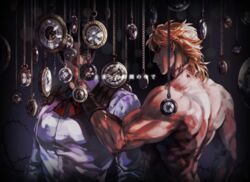  2boys birthmark black_hair blonde_hair commentary_request dio_brando earrings jewelry joestar_birthmark jojo_no_kimyou_na_bouken jonathan_joestar male_focus multiple_boys muscular neck_ribbon phantom_blood pocket_watch red_eyes ribbon sb_(hiratsei) scar scar_on_neck topless_male translation_request watch wristband 