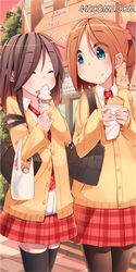  2girls bag black_hair black_legwear blue_eyes blush brown_eyes cardigan copyright_name dress_shirt food fujiwara_gacho hair_bobbles hair_ornament holding ice_cream ice_cream_cone licking multiple_girls necktie nicomi.com original pantyhose plaid plaid_necktie plaid_skirt school_uniform shirt side_ponytail skirt sky smile stairs thighhighs tongue watermark web_address 