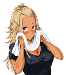  blush breasts brown_eyes brown_hair cleavage commentary_request dark-skinned_female dark_skin female forehead hair_ornament hairclip large_breasts long_hair looking_at_viewer mole mole_under_eye okumori_boy original photoshop_(medium) simple_background solo sweat towel white_background 