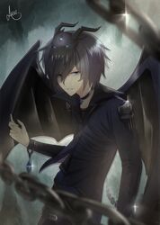  1boy aeus bat_wings black_hair blue_eyes commentary_request highres horns looking_at_viewer male_focus original shirt short_hair signature wings wristwear 