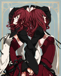  2girls arched_back back-to-back commentary_request devola green_eyes holding_hands interlocked_fingers kmikan multiple_girls nier nier_(series) popola profile red_hair ribbon siblings sisters twins 