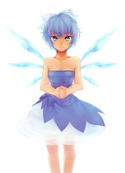  adapted_costume aged_up bad_id bad_pixiv_id bare_shoulders blue_dress blue_eyes blue_hair bow cirno dress female hairbow highres interlocked_fingers meimone photoshop_(medium) see-through short_hair smile solo strapless strapless_dress touhou wings 