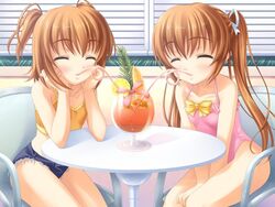  2girls between_thighs blue_eyes blush brown_hair camisole casual_one-piece_swimsuit chair chin_rest cutoffs denim denim_shorts drink flat_chest game_cg hair_ribbon hajimete_no_otetsudai happy midriff multiple_girls nanami_to_konomi_no_oshiete_abc nishimura_konomi nishimura_nanami one-piece_swimsuit please_teach_me_abc ribbon short_shorts short_twintails shorts siblings sin-go sisters sitting smile straw swimsuit table thighs twins twintails v_arms 